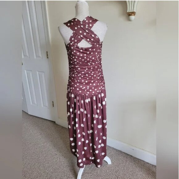 Free People Raylon In Chocolate Combo Polka Dot Midi Dress size L - Picture 4 of 9